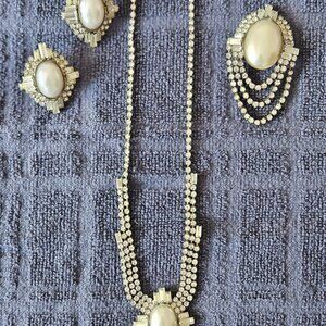 Rhinestone & Faux Pearl 3 Pc. Parure - necklace, earrings, pin
